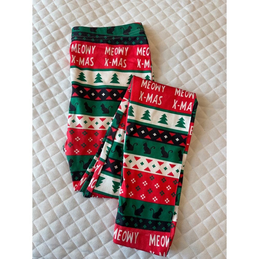 Meowy X-Mas Christmas Cat Fair Isle Leggings Red Green Holiday Pants Womens